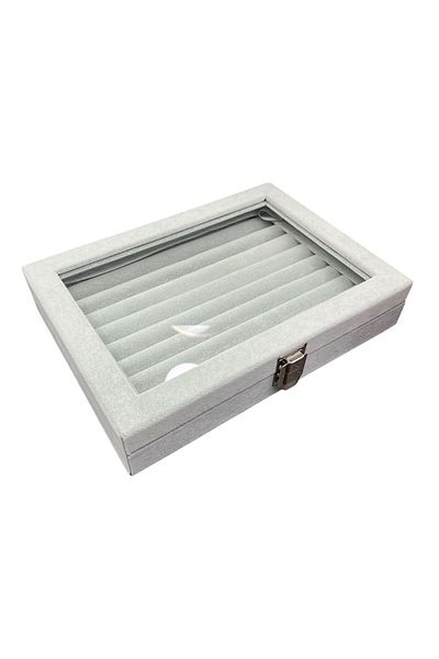 STAND MARKET Multi-Compartment Ring Organizer Box with Glass Cover - Alcantara Gray