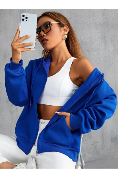 savuar Zippered Hooded Blue Sweatshirt