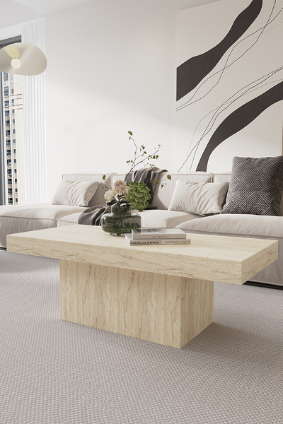 OBİ Atölye VOLKA-LONG Orta Sehpa 110x50 cm İskandinav Stili Küp Sehpa Traverten Desenli