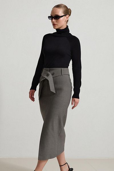 Setre Anthracite Belt Detailed Front Slit Midi Length Skirt