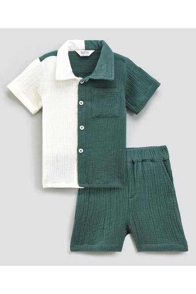 Bonfino BOYS 100% COTTON DOUBLE GAUZ SHORTS SETS -OFF WHITE / OLIVE