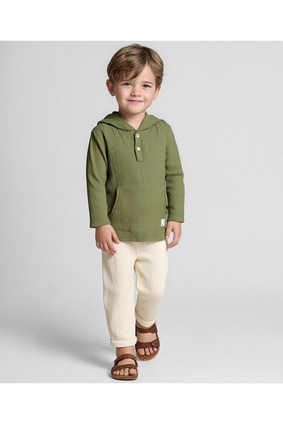 Bonfino BOYS 100% COTTON DOUBLE GAUZE SET WITH HOODIE -OLIVE / BEIGE