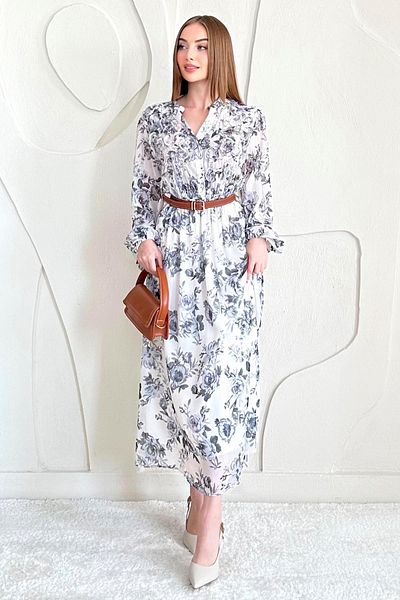 Elbee Fashion Woman Chiffon Belt Detailed Dress