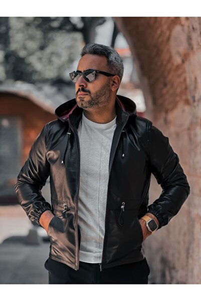 ErhanKorkmazShoes ERKEK SİYAH GERÇEK DERİ KAPŞUNLU CEKET