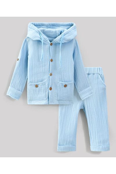 Bonfino BOYS 100% COTTON DOUBLE GAUZE SET WITH HOODIE -LIGHT BLUE