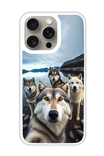 Theodor غطاء حماية لهاتف أبل آيفون 15 برو، صورة سيلفي الذئب (مصد أبيض)