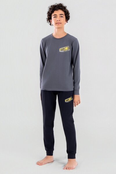 BAYKAR Young Men's Cotton Crew Neck Long Sleeve Pajama Set 9624-1 Gray Melange