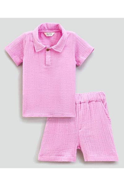 Bonfino BOYS 100% COTTON DOUBLE GAUZ SHORTS SETS -PINK