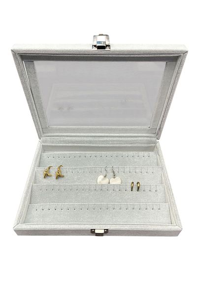 STAND MARKET Multi-Compartment Earring Organizer Box with Glass Lid - Alcantara Gray