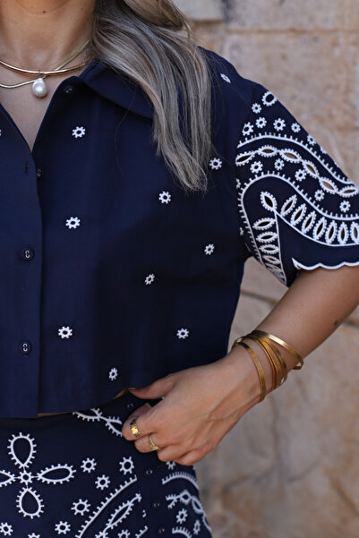 bytugcekaya Navy blue mini floral embroidered shirt skirt set