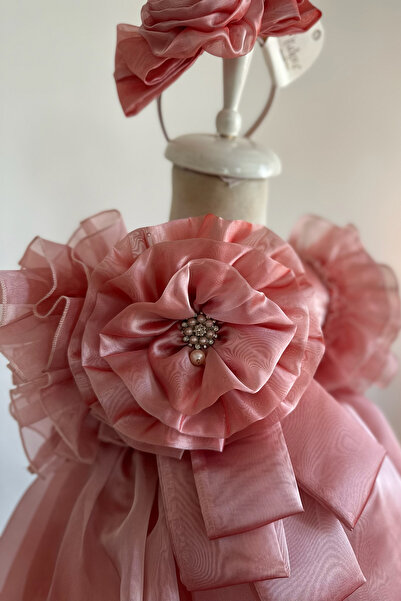 Mialora Özel Tasarım Kız Çocuk Elbise, Çiçek Ve İnci Detaylı, Kolu Fırfırlı, Taç Aksesuarlı