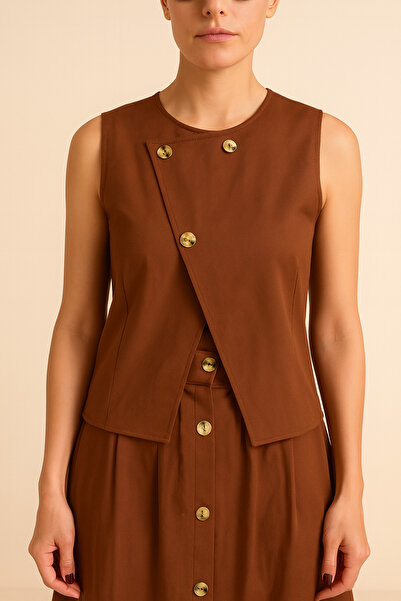 AMİDA Women's Brown Buttoned Vest Skirt Gabardine Suit - 2528