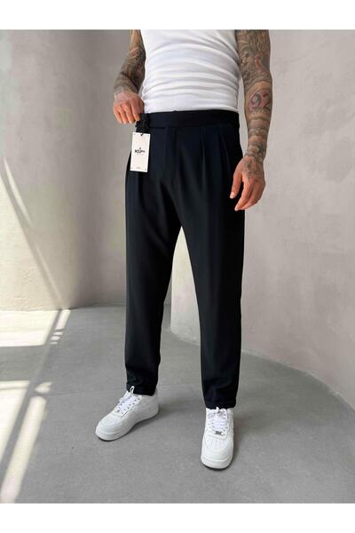 KağanKY Lacivert Pileli Boyfriend Kumaş Pantolon