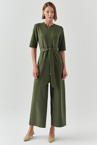 Exquise Kuşaklı Kısa Kollu Fermuar Kapamalı Örme Slim Fit Tulum