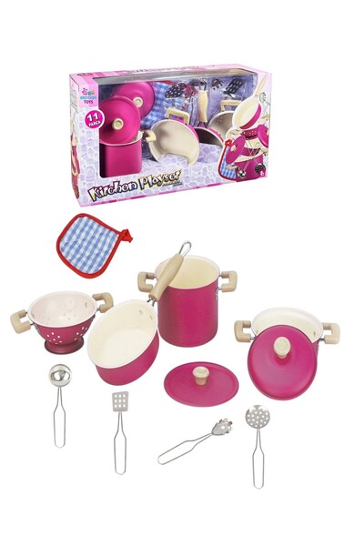 Brother Toys 11 Parça Metal Paslanmaz Pembe Emaye Çelik Oyuncak Tencere Tava ...