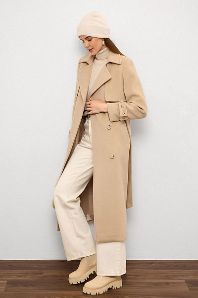 Olcay Cloak Detailed Double Breasted Coat Beige 3091