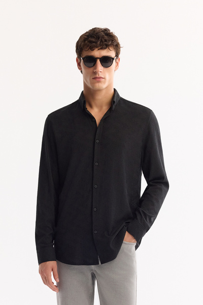 Avva Men's Black Bottom Brit Textured Regular Fit Long Sleeve Shirt A52Y2033