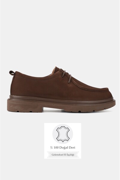 TUNAELLİ Men's Brown Nubuck Khaki Natural Leather Lace up Shoes