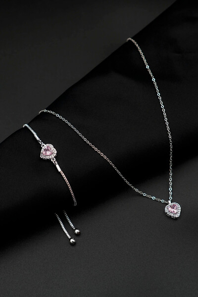 TREND COLLECTİON Zirkon Taşlı Kalp Charm Model Pembe Renk Kadın Kolye Ve Bileklik Set