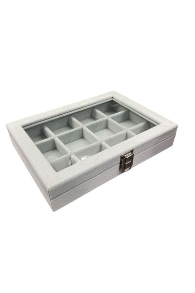 STAND MARKET Multi-Compartment Jewelry Organizer Box with Glass Lid - Alcantara Gray