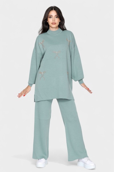NEWCO Chic Ribbon Stone Embroidered Women's Double Knitwear Suit Loose Fit Long Sleeves and Comfortable Pants