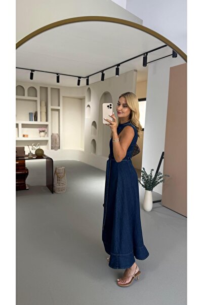 Sezgi Tekin Asimetrik Volanlı Lacivert Denim Elbise