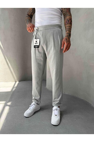KağanKY Sivo-beli Prugasto Nabrano pantaloni od boyfriend tkanine