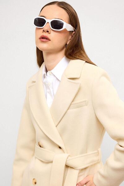 Olcay Jacket Collar Double Breasted Medium Coat Ecru 3094