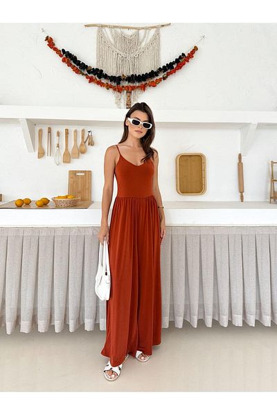 SUYA US WEAR Women's Rope Strap Broad Leg Sandy Fabric Jumpsuit