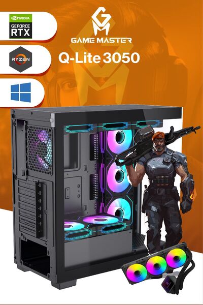 GM Game Master QLite 3050 R5 5600 CPU 32GB DDR4 RAM 512GB M.2 RTX3050 10x ARGB Fan Sıvı Soğutuculu Siyah Gaming Pc