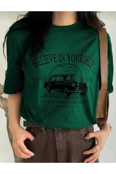 KOZİA OUTDOORS تي شيرت أساسي كبير الحجم مطبوع عليه Believe In Yourself للجنسين