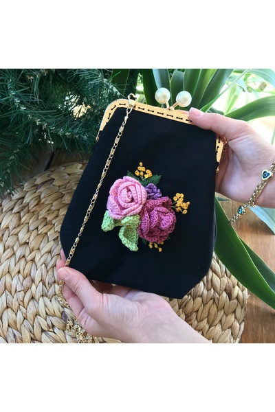 Home Black Linen Vintage Style Bag with Rose Embroidery Detail. 18X18 Dimensions. 100% Handmade