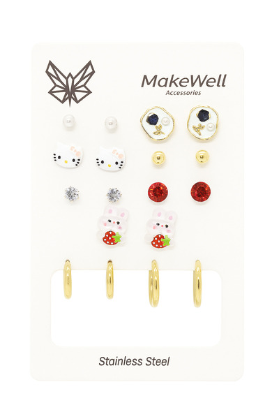 MakeWell Steel Hello Kity Unicorn Kuromi Teddy Bear Rose Rabbit Daisy Figures Steel Hoop Earrings Sets