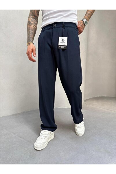 KağanKY Lacivert Pileli Baggy Kumaş Pantolon