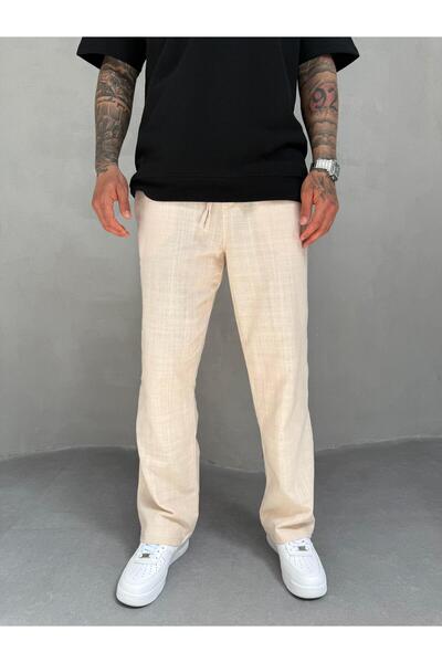 KağanKY Bež Lan široke pantalone