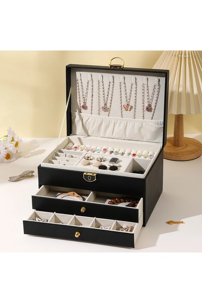 gaman Convenient Multi-Tier Jewelry Jewelry Box - Locking, Divided, Leatherette Finish