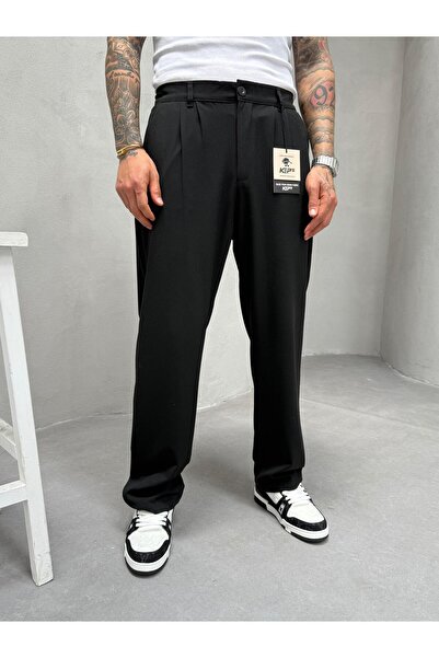 KağanKY Pantaloni negri din stofă largi plisați