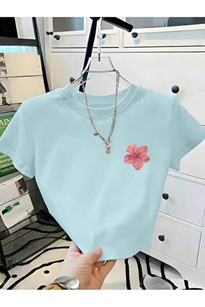 jansogroup - ÇİÇEK BASKILI PAMUKLU CROP KADIN T-SHIRT
