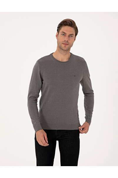 Pierre Cardin Gri Melanj Slim Fit Bisiklet Yaka Basic Triko Kazak 50314192-VR086