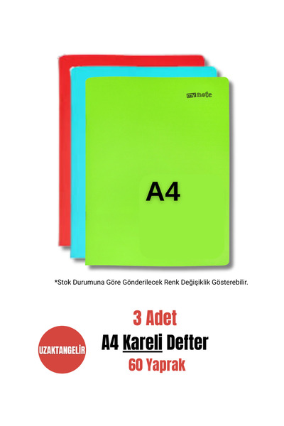uzaktangelir Mynote A4 60 Sheets Stitched Plastic Cover Checkered Notebook (3 Pieces)
