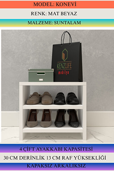 Kenzlife Ayakkabılık Konevi Mat Beyaz Suntalam 035*040*30 Dört Çift Ayakkabı Kapasitesi Arkalıksız