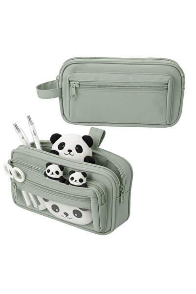 zola Unequipped pencil case, 3 compartments, transparent pocket, oxford material, 21.5 x 12 x 8 cm, green