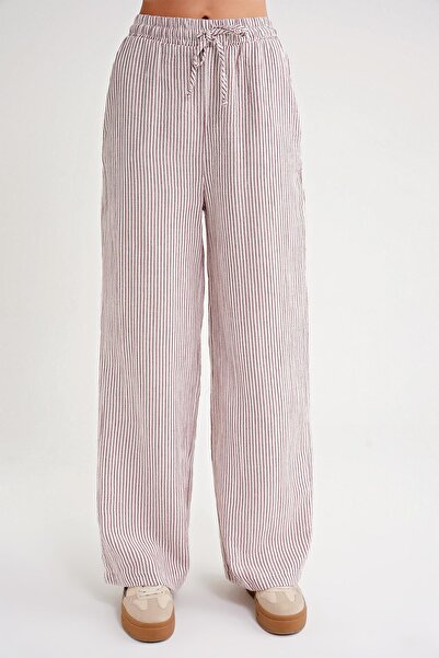 Mixray 4729 Women's Thin Striped Palazzo Loose Fit Muslin Trousers Burgundy