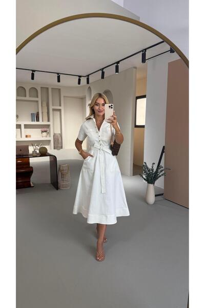 Sezgi Tekin Sewing Detail Half Sleeve Ecru Bell Denim Dress