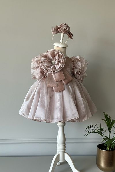 Mialora Special Design Girl's Dress, Flower and Pearl Detail, Ruffle Sleeves, Crown Accessories