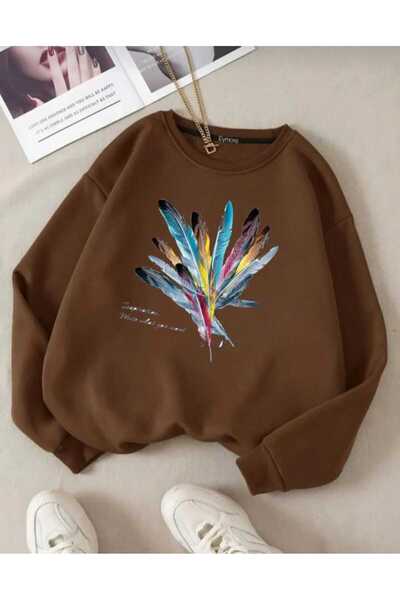 KOZİA OUTDOORS renkli tüy baskılı oversize unisex basic sweatşhirt