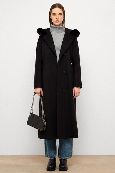 Olcay Fur Hooded Waist Tie Long Coat Black 3107