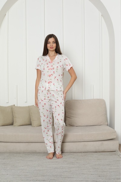 Sude HOMEWEAR Women's Knitted Fabric Blue Flower Pattern Short Sleeve Pajama Set