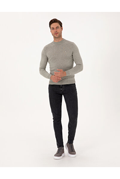 Pierre Cardin Açık Gri Melanj Slim Fit Çeyrek Yaka Basic Triko Kazak 50314188-VR091
