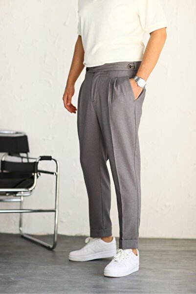 KağanKY Pantaloni gri cu talie înaltă pliuri